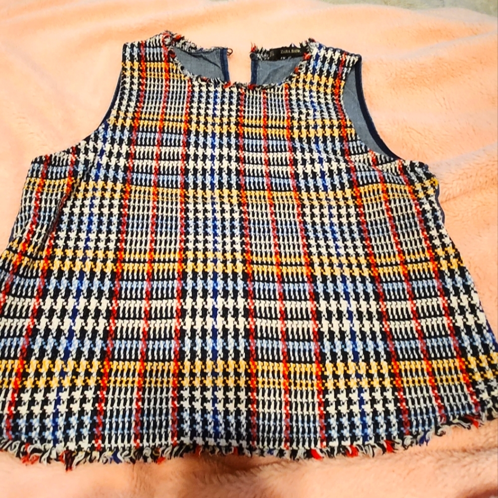 Weaved Plaid Fringe Chambray Sleeveless Top by Zara Size S